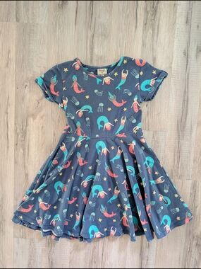 Frugi Navy Mermaid Print Twirl Dress, 4-5Y (V8)